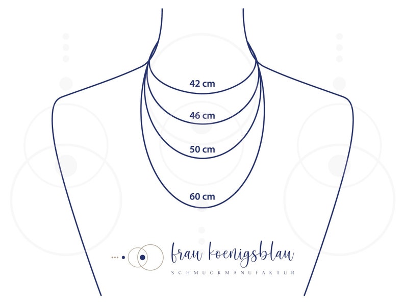 Puede incluir: Diagrama que muestra las longitudes de los collares en cent&iacute;metros: 42 cm, 46 cm, 50 cm y 60 cm. El texto "frau koenigsblau SCHMUCKMANUFAKTUR" est&aacute; en la parte inferior de la imagen.