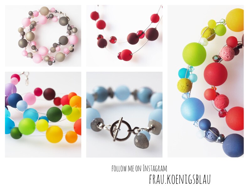 May include: A collection of colorful beaded necklaces and bracelets. The necklaces feature large, round beads in various colors, including pink, red, green, blue, and yellow. The bracelets feature smaller, round beads in shades of blue and gray.