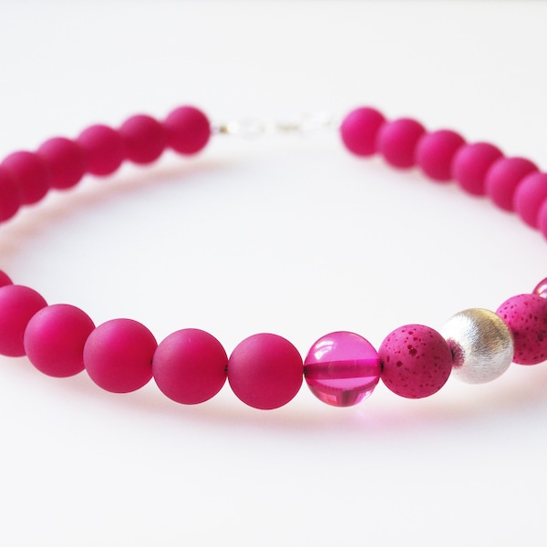 Polariskette pink Kette Collier rosa silber mit großen Perlen Halskette mit Polarisperlen Trendfarbe  viva magenta