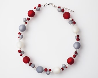 Braided Polaris necklace red gray white - great necklace in red tones, plus size pearl necklace