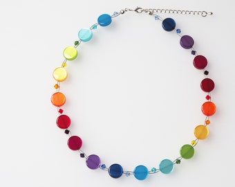 rainbow necklace with polaris coins in rainbow colors and Swarovski® Crystals