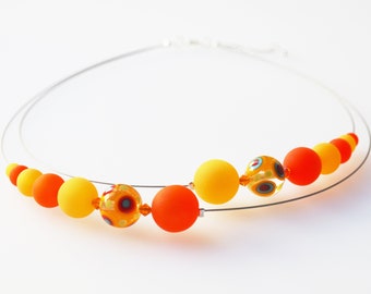 Polariskette orange gelb Kette mit handgefertigten Glasperlen und Preciosa® Kristallen Collier Halskette