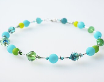 turquoise necklace blue green with handmade glass beads and Swarovski® Crystals lampwork unicate tropical