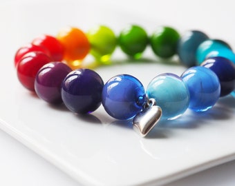 rainbow bracelet with handmade murano beads sommerso heart silver flexible colorful