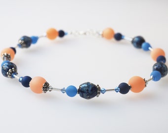 blue necklace peach fuzz with handmade glass beads and Preciosa® Crystals lampwork unicate tropical