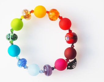 rainbow bracelet with handmade murano beads sommerso heart silver flexible colorful