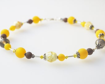 yellow grey necklace with handmade glass beads and Preciosa® Crystals lampwork unicate tropical