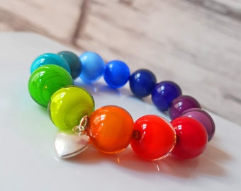 rainbow bracelet with handmade murano beads sommerso heart silver flexible colorful