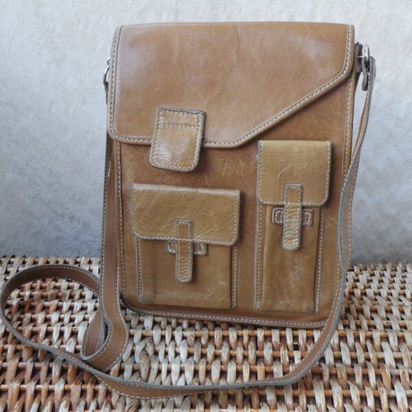 Vintage 1980's Tan Brown Leather Small Size Bag Satchel With Shoulder Strap