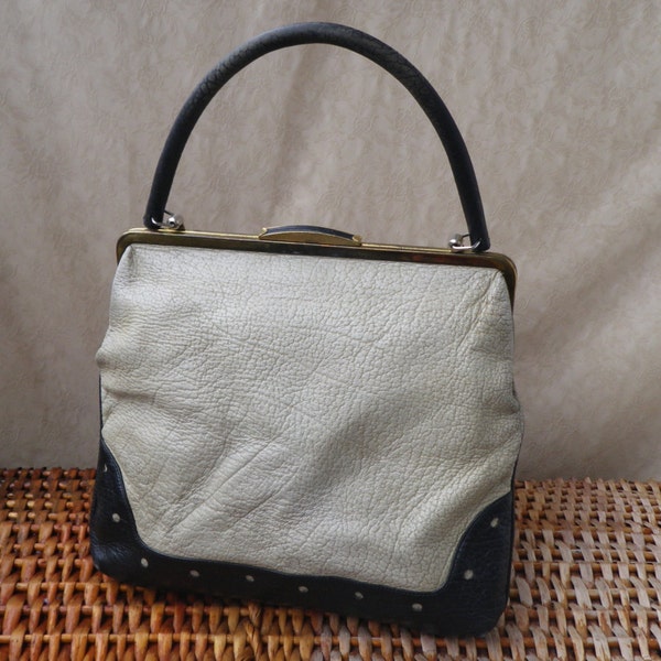 Vintage Black And White Leather Retro Bag Purse Metal Frame