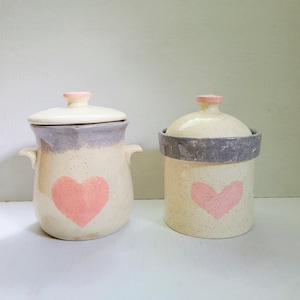 Vintage Stoneware Canister Set Pink Blue Heart Porcelain Ceramic w/ Tea Steam Tray Insert | Set of 2