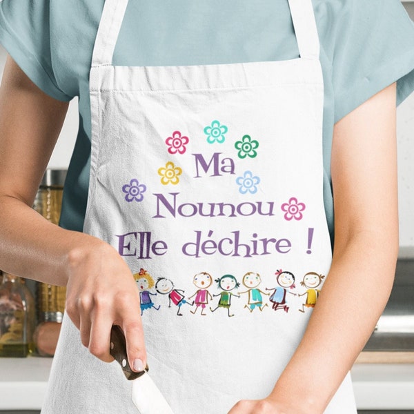 Tablier personnalisé adulte  nounou,  Gant et manique   cadeau, assistante maternelle, ma nounou elle déchire