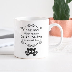 Personalized mug for cat owners "A human lives in my home, I tolerate him, he feeds me well"