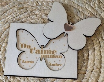 Cadeau maman personnalisé, plaque en bois Maman, personnalisable prénom fête des Mères, message caché, boite en bois personnalisée papillon