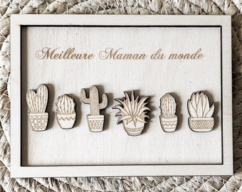 Wooden card to engrave with your text, Mother's Day gift idea, cactus pattern, decorative wooden postcard