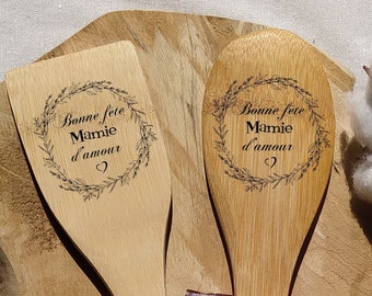 Spatule et Cuillère de cuisine en bois gravée, personnalisable pour votre mamie, mémé ou grand-mère