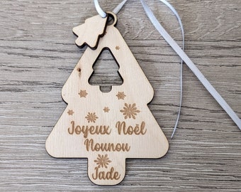 Boule de noël personnalisée en bois, Décoration sapin en bois personnalisée, Décoration Sapin bois Joyeux Noël Nounou, Cadeau noël nounou