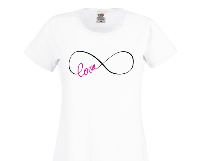 T-shirt femme Love infini ! amour infini idée cadeau saint-valentin. Col rond ou col V, plusieurs tailles possibles.