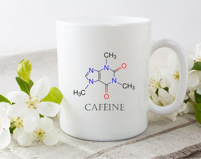 Mug personnalisé café, mug du chimiste, caféine, idée cadeau humour,  molécule caféine, mug classique ou magique