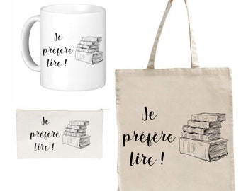 Humorous gift box read: Tote bag + kit + mug I prefer to read!