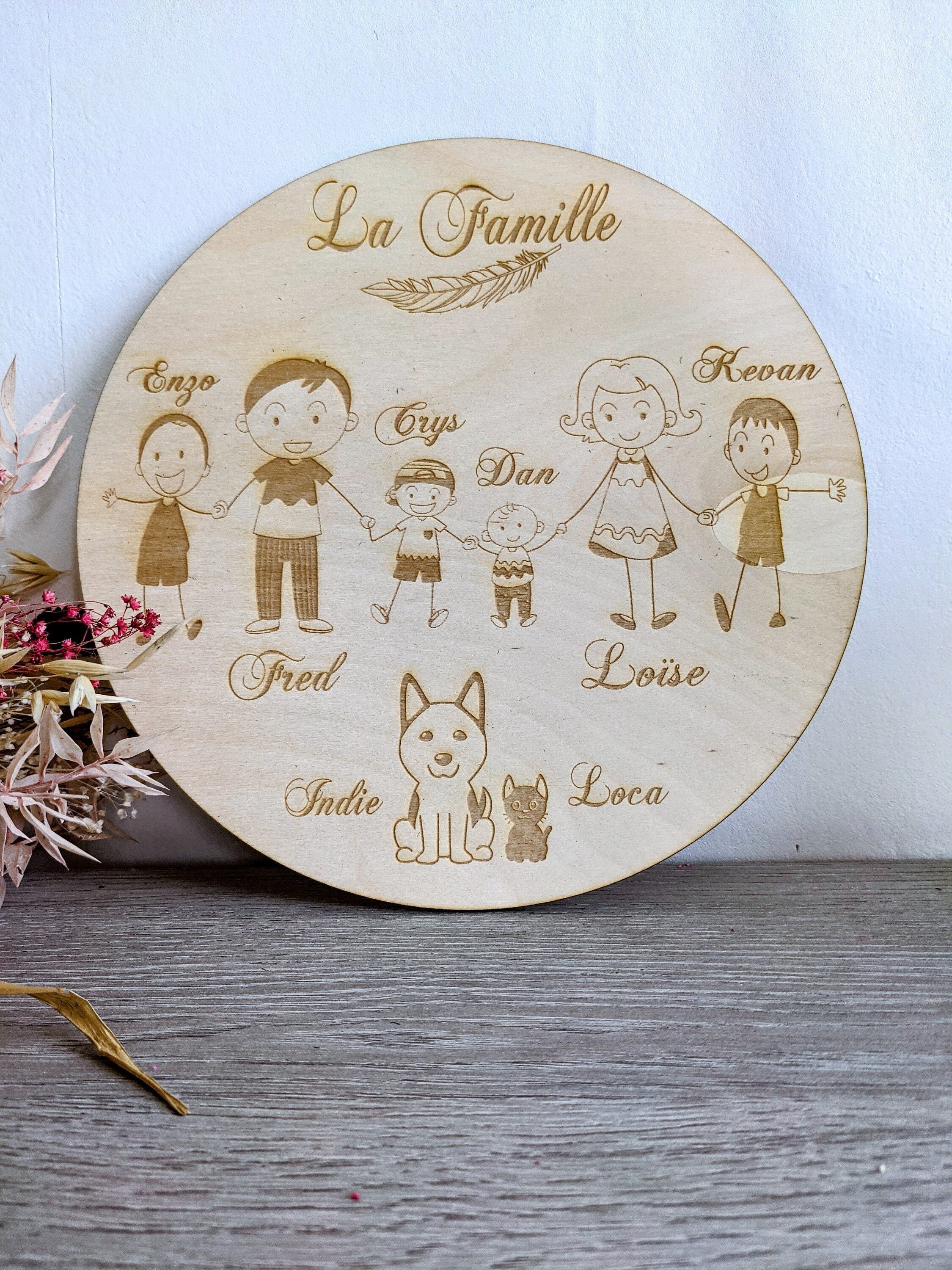 Pancarte en Bois La Famille, Portrait de Famille Bois, Plaque Ronde à Composer.