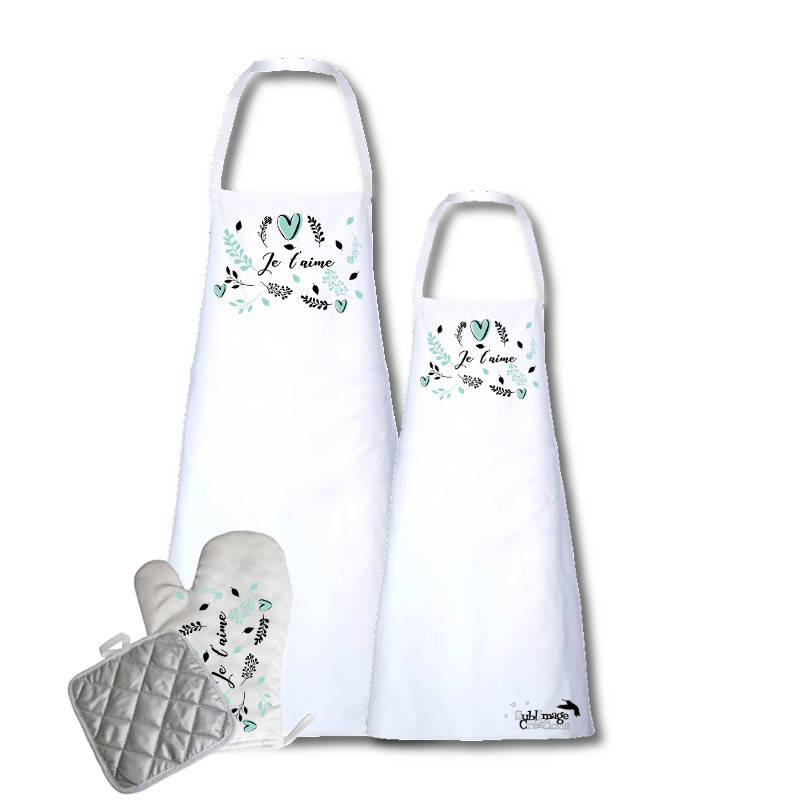 Tablier de Cuisine, Gant et Manique - Kit Cuisine Original Personnalisable, Cadeau, Je T'aime, Saint