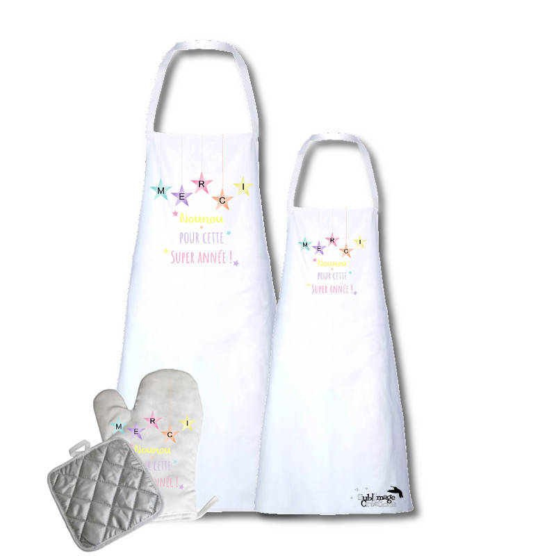 Tablier de Cuisine, Gant et Manique ou Coffret Cuisine Nounou, Cadeau, Assistante Maternelle, Merci 