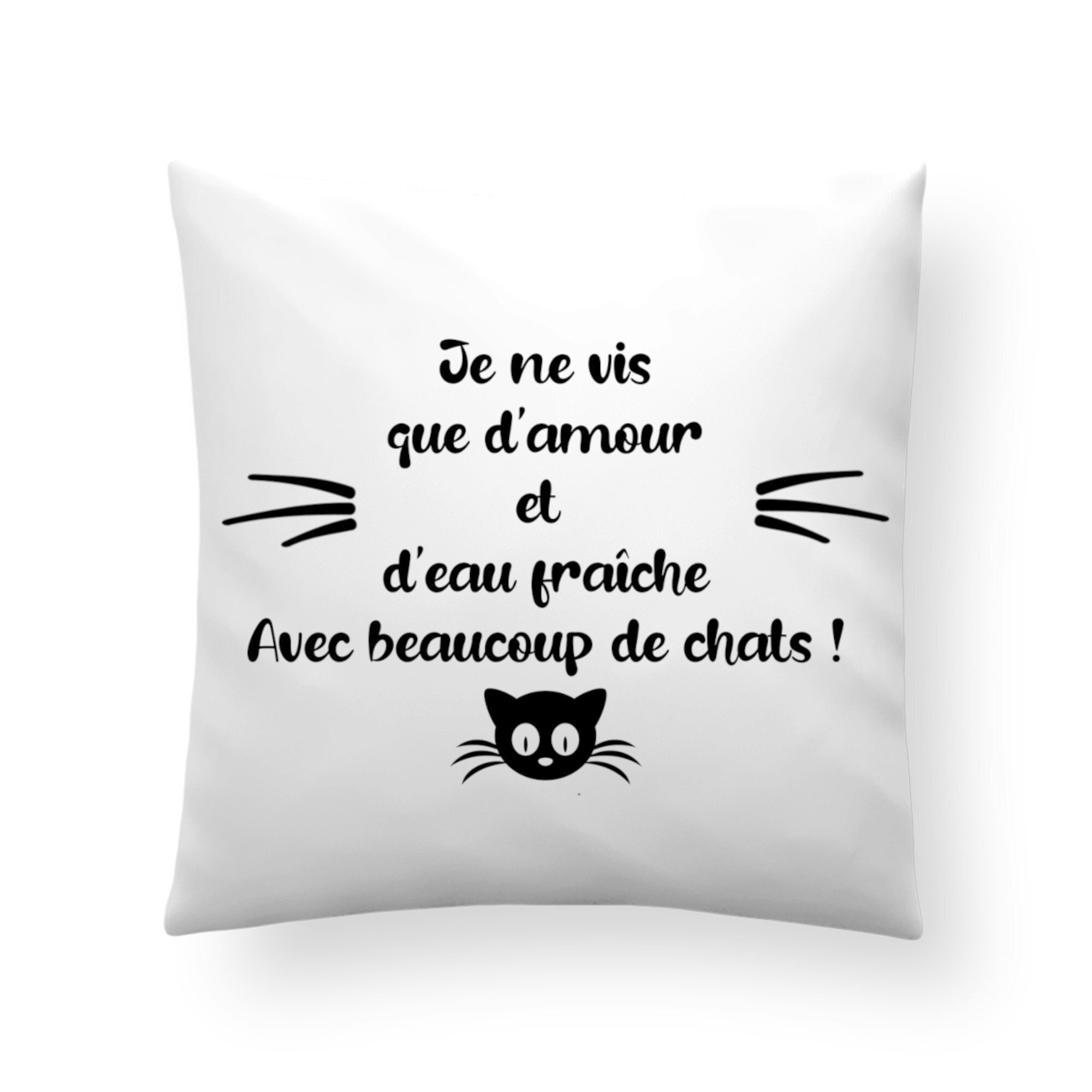 Coussin Personnalisable Motif Chat, Je Vis d'amour et d'eau Fraiche avec Beaucoup de Chat