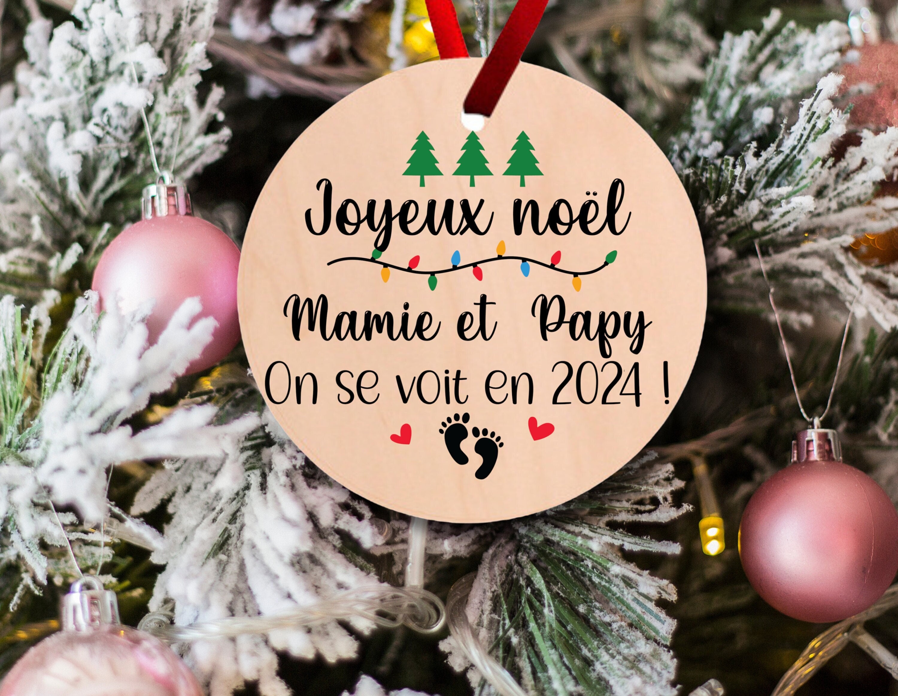 Boule de noël personnalisée en bois, annonce grossesse texte modifiable -   France