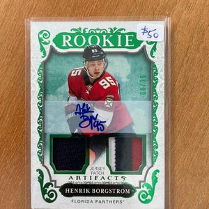 Puede incluir: Una tarjeta de hockey con Henrik Borgstrom de los Florida Panthers. La tarjeta está etiquetada como "Rookie" e incluye un parche de camiseta. La tarjeta tiene un borde decorativo verde y blanco y está en una funda protectora.