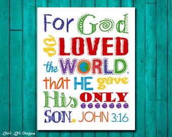 For God so loved the world. John 3:16. Church Wall Art. Sunday School Decor. Kids Christian Wall Art. Christian Wall Decor. Bible Verse.