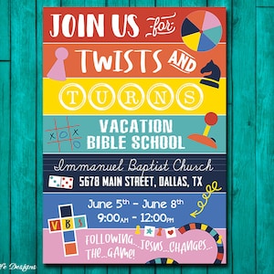 Invito alla Scuola Biblica Estiva (VBS) con colpi di scena. Invito alla Scuola Biblica Estiva (VBS). Biglietto d'invito alla Chiesa. Cartolina di annuncio della Scuola Biblica Estiva (VBS). Invito alla Scuola Biblica Estiva (VBS) 2023. Biglietto per la Scuola Biblica Estiva 2023.