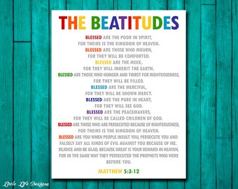 May include: A printable wall art design featuring the Beatitudes from the Bible, Matthew 5:3-12. The text is in a colorful rainbow font with a white background.
