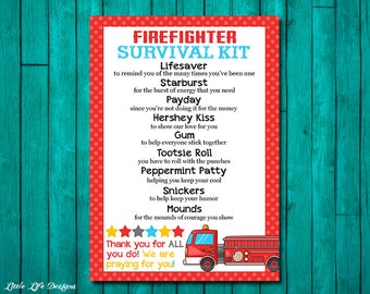 May include: A red and white printable card with the text "FIREFIGHTER SURVIVAL KIT" and a list of candy names. The card also features a red fire truck with a yellow star on the side. The text at the bottom of the card reads "Thank you for ALL you do! We are praying for you!"