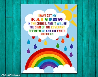 Genesis 9:13. God's Rainbow. God's Promise. Christian Wall Art. Sunday School Decor. Church Decor. Christian Playroom Wall Art. Bible Verse.