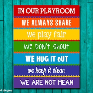 Playroom Rules Sign. Childrens Wall Art. Kids Room Decor. Rainbow Playroom Sign. Playroom Decor. Playroom Wall Art. In Our Playroom We... image 1