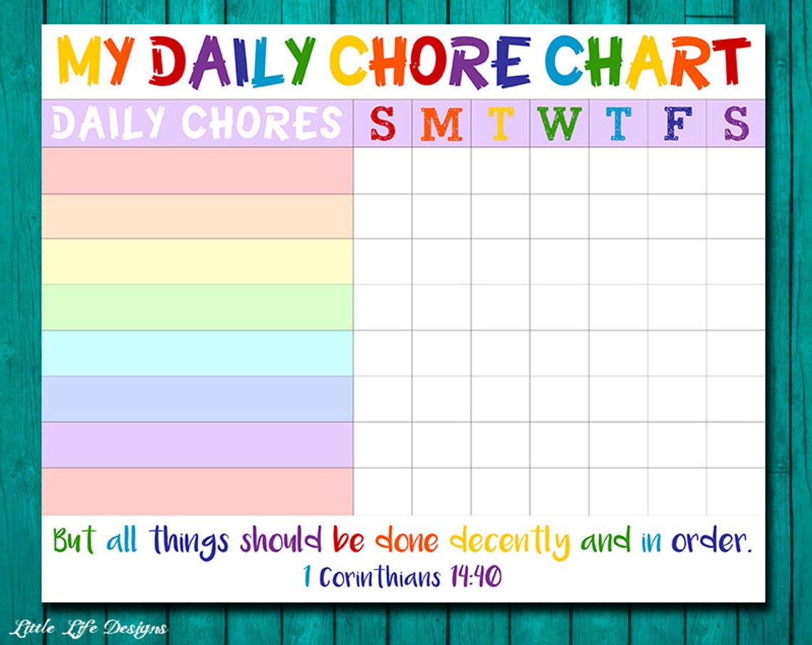 Chore Chart for Kids. Chore Chart Printable. Chore List.