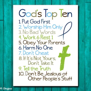 Christian Wall Art. Ten Commandments. Bible Verse. God's Top Ten for Kids. Exodus 20. 10 Commandments. Little Boy Room Decor. Baptism Gift. image 1