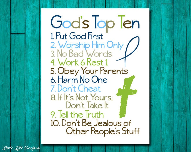 Christian Wall Art. Ten Commandments. Bible Verse. God's Top Ten for Kids. Exodus 20. 10 Commandments. Little Boy Room Decor. Baptism Gift.