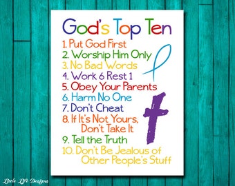 Christian Wall Art. Ten Commandments. Bible Verse. God&#39;s Top Ten for Kids. Exodus 20. 10 Commandments. Childrens Room Decor. Baptism Gift.