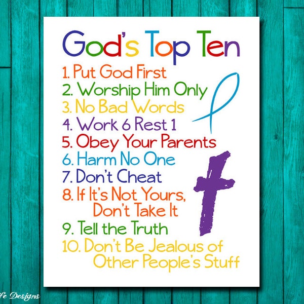 Christian Wall Art. Ten Commandments. Bible Verse. God's Top Ten for Kids. Exodus 20. 10 Commandments. Childrens Room Decor. Baptism Gift.