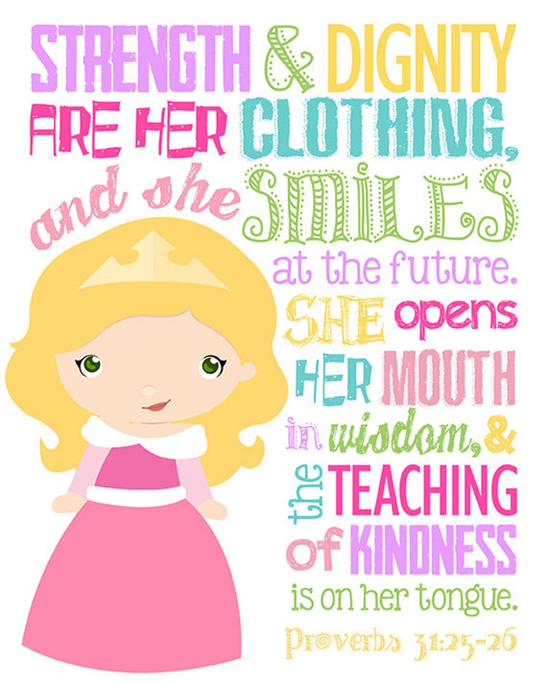 Princess Bible Verses. Proverbs 31:25-26. Princess Wall Art. - Etsy