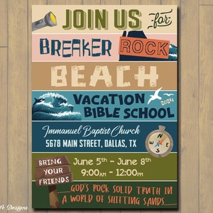 Invitación a la Escuela Bíblica de Vacaciones (EBV) de Breaker Rock Beach 2024. Invitación a la Escuela Bíblica de Vacaciones. Tarjeta de invitación a la iglesia. Postal de anuncio de la EBV. Invitación a la EBV 2024. Biblia.