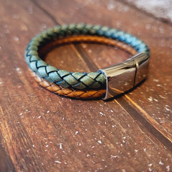 Bracelet cuir double cordon marron et turquoise, idée cadeau pour mon mari, bijoux fait main en cuir