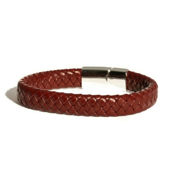 Bracelet homme cuir, bracelet cordon plat tresse bordeau, idée cadeau homme 30 ans, cadeau noces de cuir