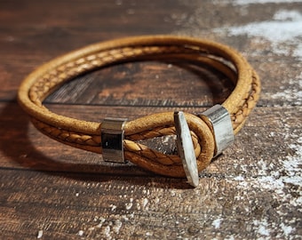 Mens leather bracelet, Dark tan multistrand bracelet, unique gift for my brother&#39;s birthday party, toggle bracelet for him