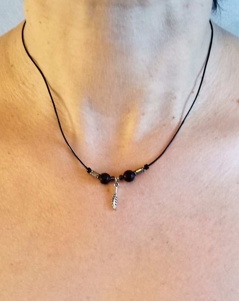 Black leather necklace for her or him minimal styled