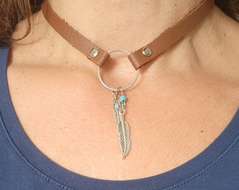 Leather Feather Choker, Soft Thin Boho Necklace, Birthday Gift