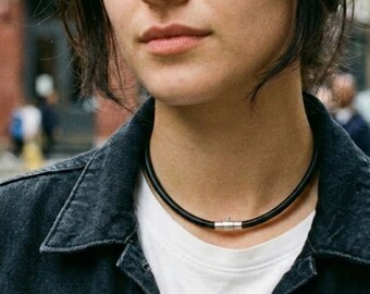 Minimalist leather choker, Braided or not Cord Necklace with Stainless Steel Secure Magnetic Clasp gender neutral
