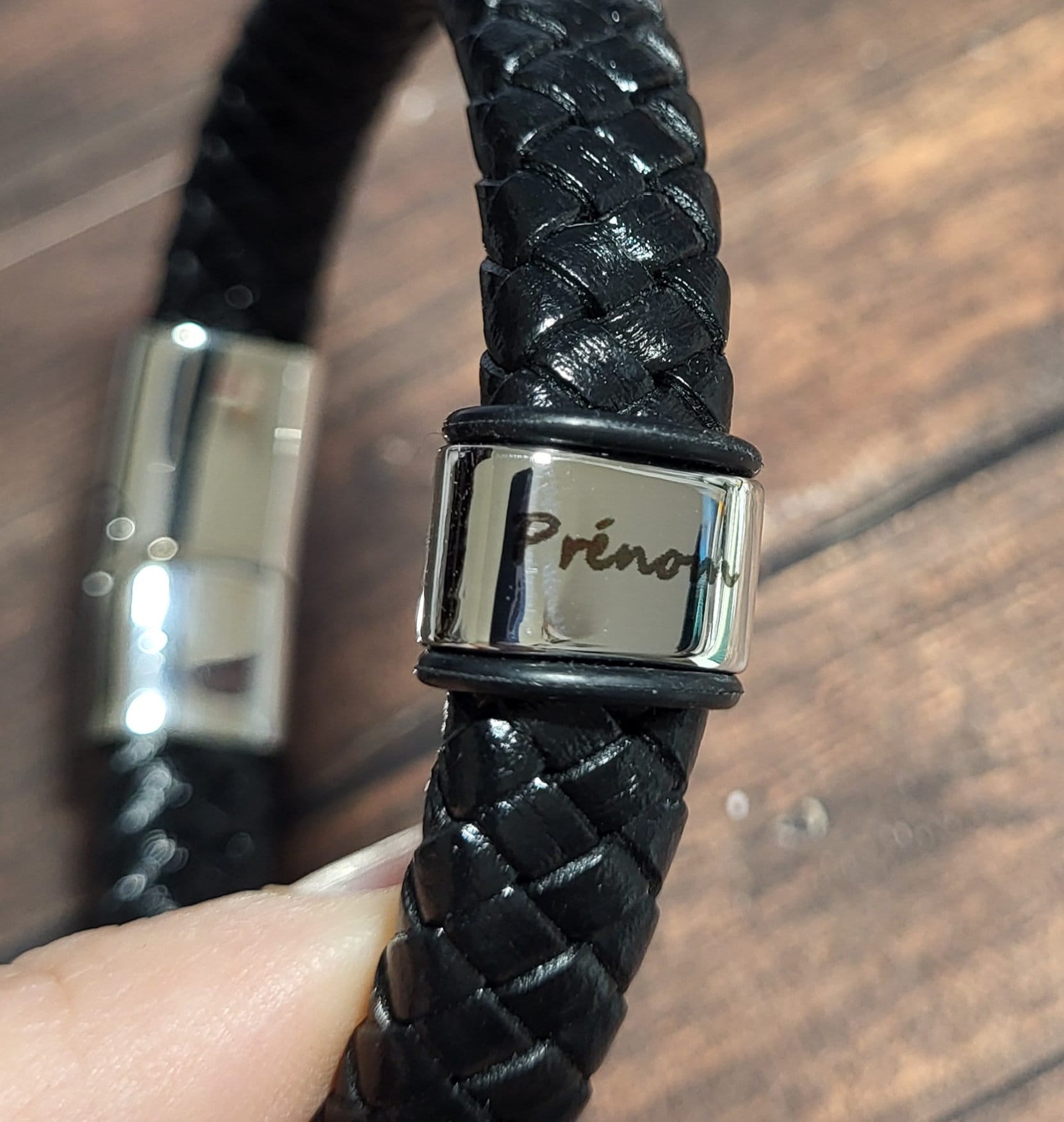 Nero Intrecciato Pelle Bracciale Acciaio Inox Ciondolo Da Uomo - Foto 3